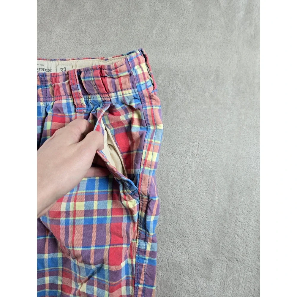 Abercrombie & Fitch Plaid Chino Shorts Mens 32 Red Blue Button Fly 10